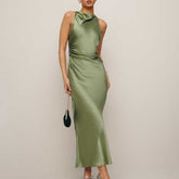 Kaachii 2024 New design OEM Custom Ladies Elegant Sleeveless Green Satin Silk Midi Long Dress For Women vintage dress